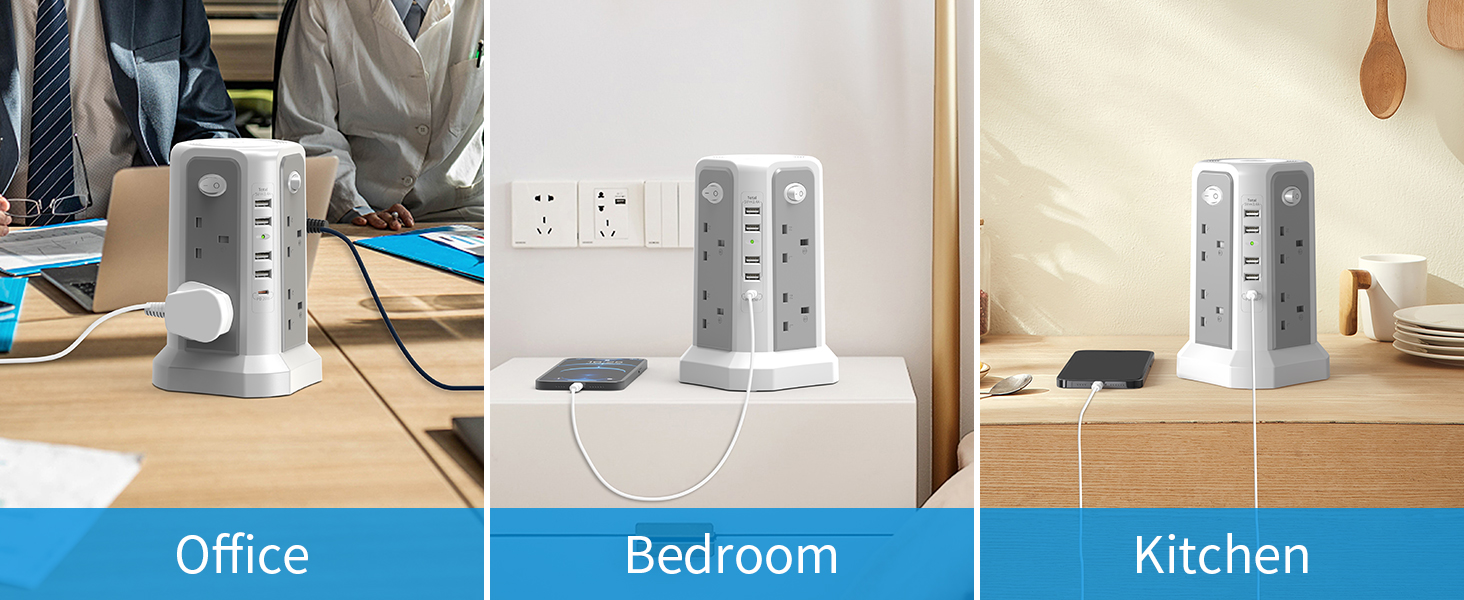 Text reads 'Office', 'Bedroom', 'Kitchen'. Three panel comparison showing same lighting device used in different home environments.