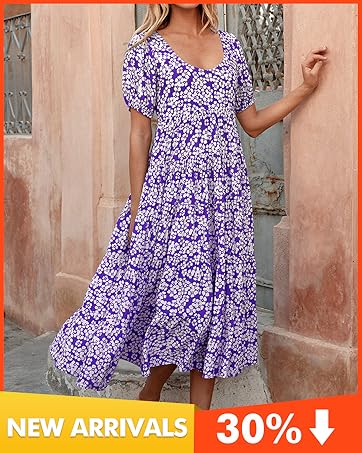 Womens Dresses 2024 Puff Sleeve Floral Casual Summer Dresses Smocked Beach Flowy Tiered Maxi Dress