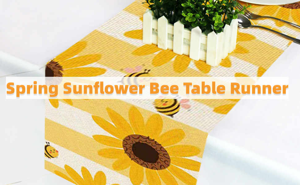 Spring Table Runner,Sunflower Bee Burlap Table Runner,72 x