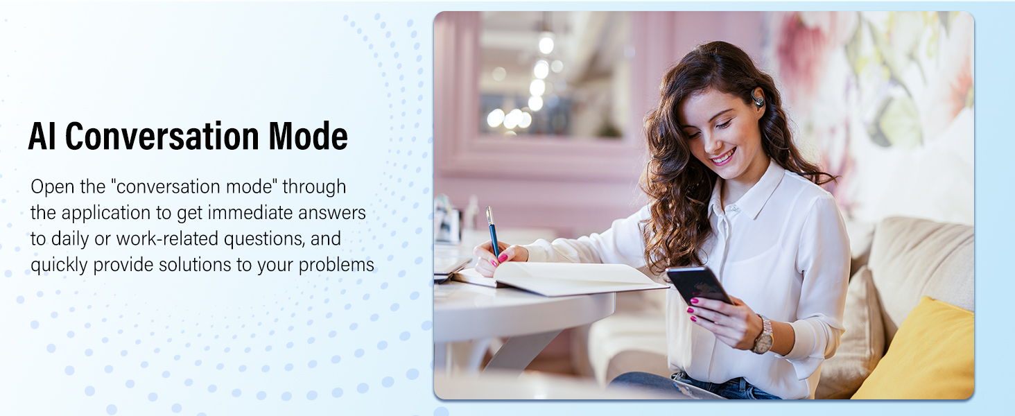 Text reads 'AI Conversation Mode'. Image shows someone writing or drawing on a digital device while seated at a desk.