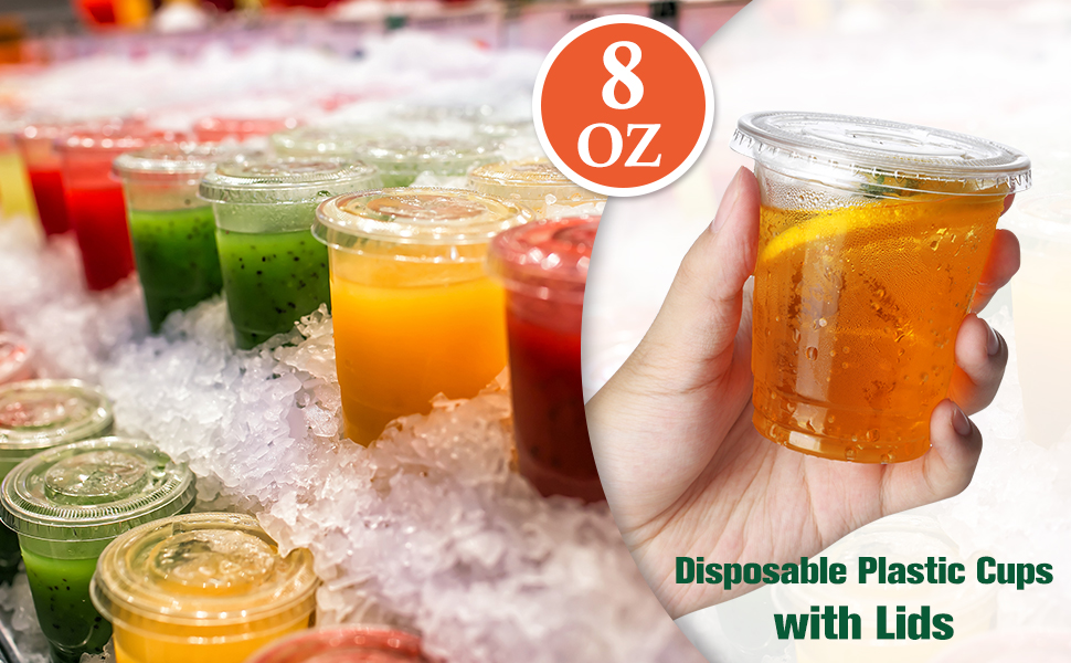 Poever 8oz Plastic Cups with Lids 100 Pack, Disposable