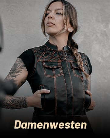 Der Text lautet „Damenwesten“. Schwarze Weste mit Ziernähten und Details, abgebildet vor betoniertem Hintergrund.