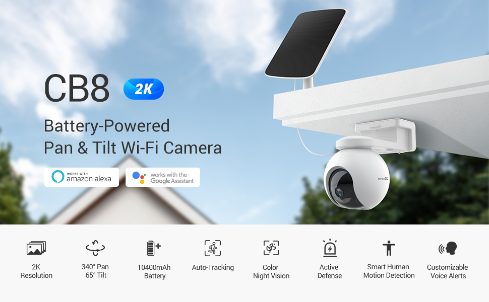 EZVIZ CB8 2K Wireless PTZ Home Security Camera, Battery/Solar Powered