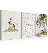 LSXARTQQ Set of 3 Woodland Nursery Wall Art Neutral Forest Animal Alphabet Canvas Wall Decor Vint...