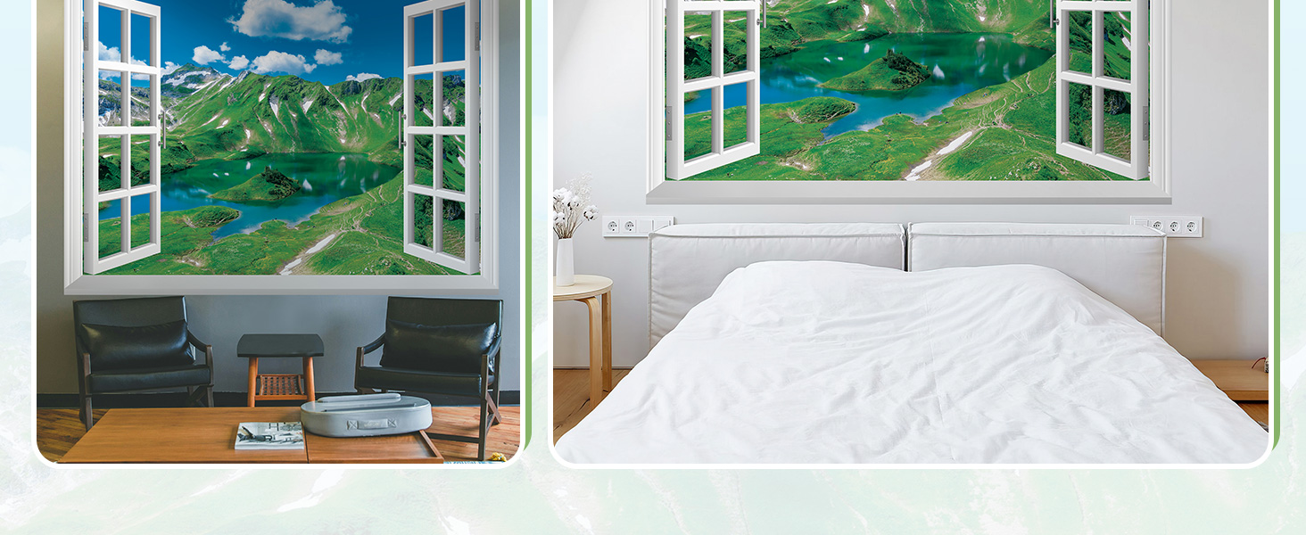 FLFK Fake Window Wall Decal Lakes in The Mountains Faux