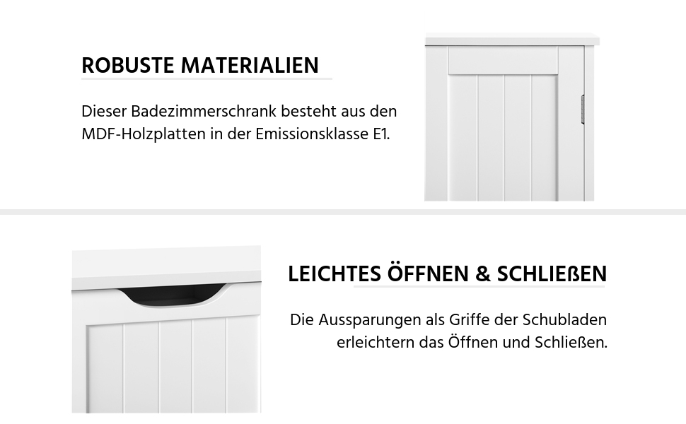 White bathroom cabinet feature demonstration showing MDF construction and recessed handle design for easy drawer opening and closing.