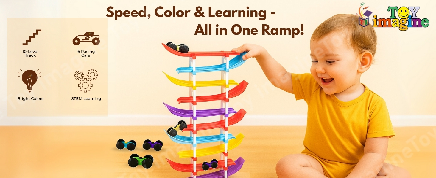 Colorful 10-level ramp with 6 cars for toddlers aged 1–3