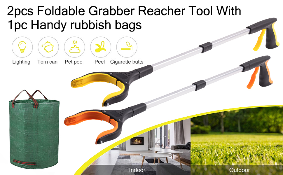2 Pack Foldable Grabber Reacher Tool with Waste Bag, 32