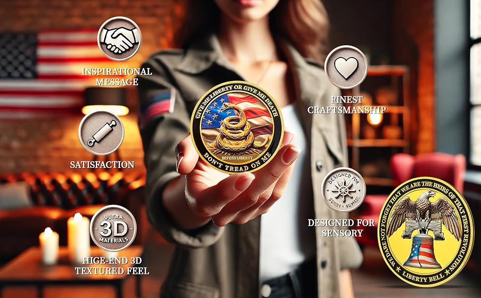 Patriotic Military Challenge Coin | Eagle, Snake & Liberty Bell Memorial Military Chip