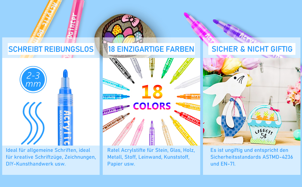 RATEL Acrylstifte für Steine Acrylstifte Marker Stifte, 18 Farben Premium Acrylstifte Paint
