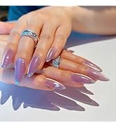 Short Almond Press on Nails 24 Pcs Fake Nails Purple Full Cover Gel Glue on Nails Reusable Acryli...