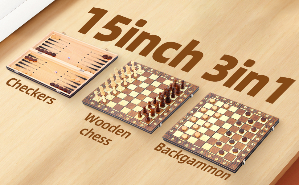 3 in 1 Wooden Chess , Checkers and Backgammon