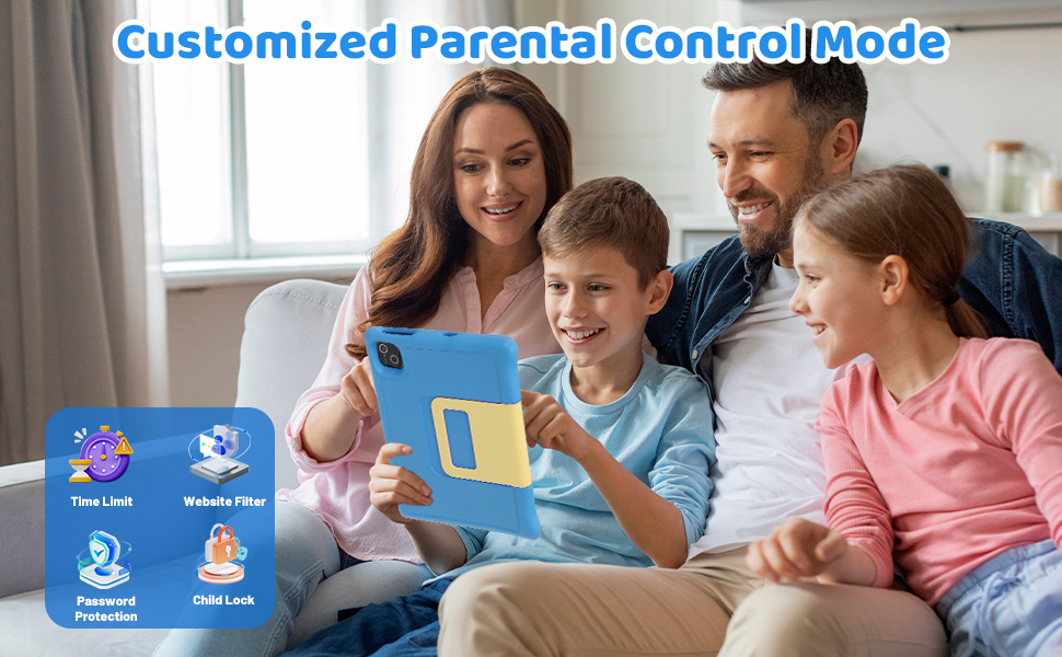 a family sitting on a couch holding a tablet.