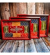 Conjunto de 3 bandejas de madeira em relevo pintadas à mão e feitas à mão Swadeshi Blessings para cozinha...