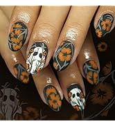 Halloween Press on Nails Medium Almond Fake Nails with Designs White Ghost Stick on Nails Flower ...
