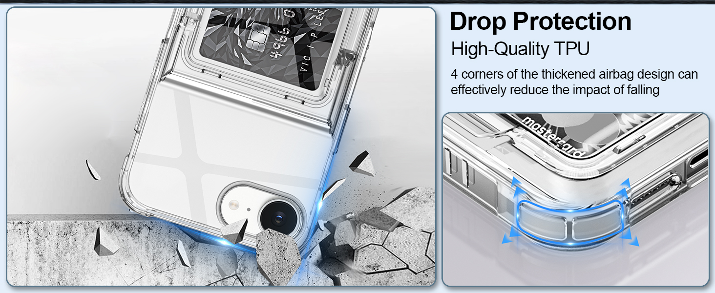 Text reads 'Drop Protection'. Two-panel product demonstration showing protective case installation on electronic device with enhanced corner protection details.