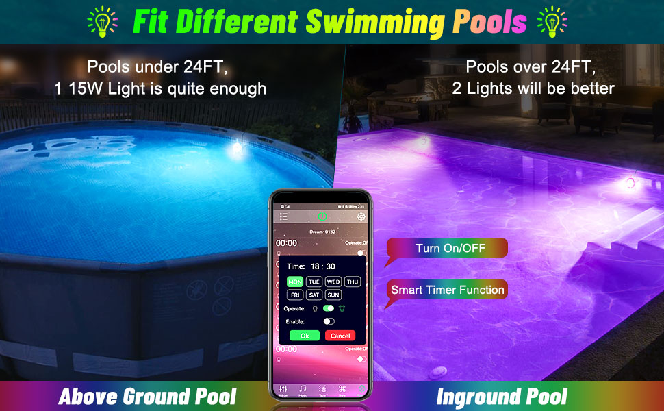 LED Pool Lights with ETL Adapter, 15W RGB Music Sync&Color