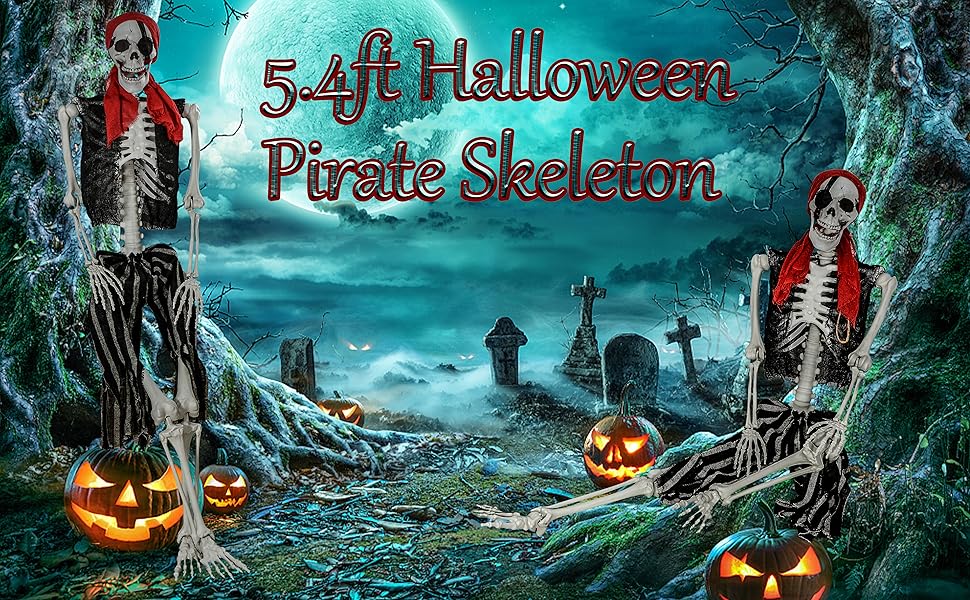 5.4ft Halloween Life Size Pirate Skeleton Realistic Human Full Body