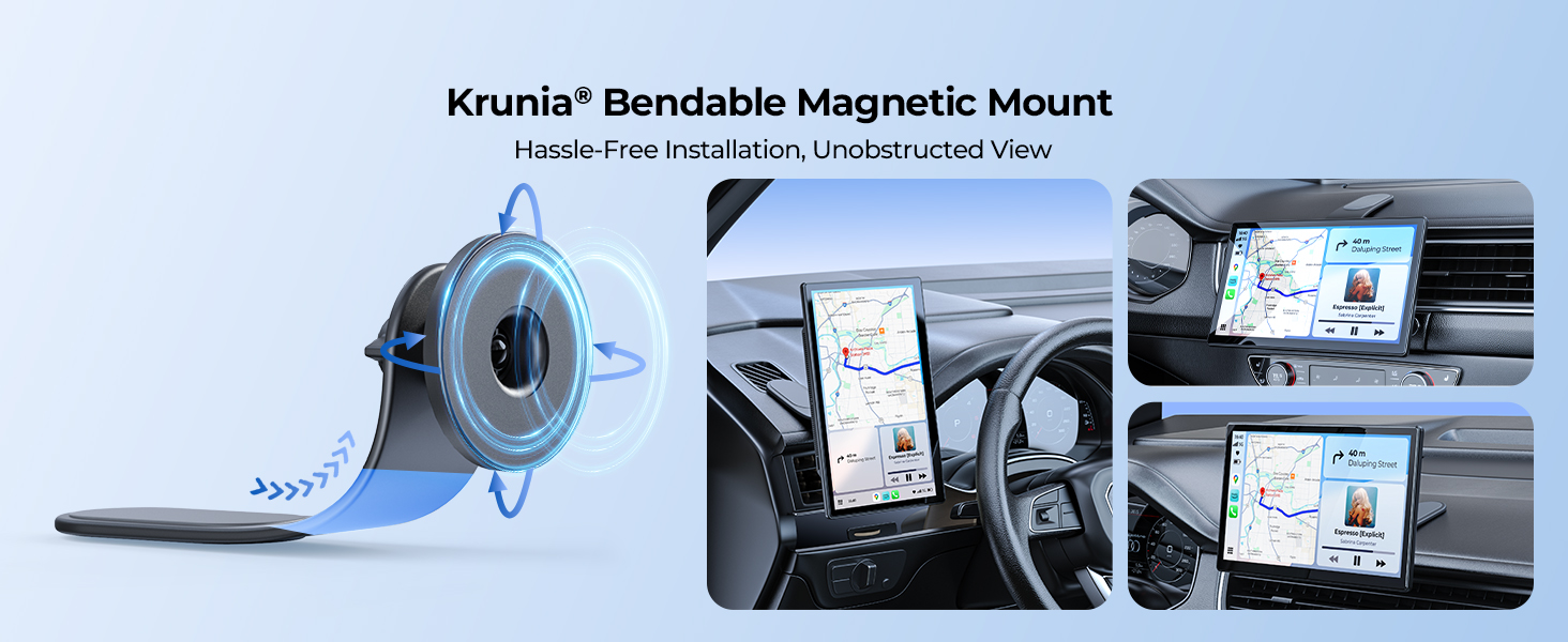 Krunia Bendable Magnetic Mount for smartphones. Blue and gray flexible device with magnetic end. Three images show usage in car, attaching to vents and dashboard for phone display.