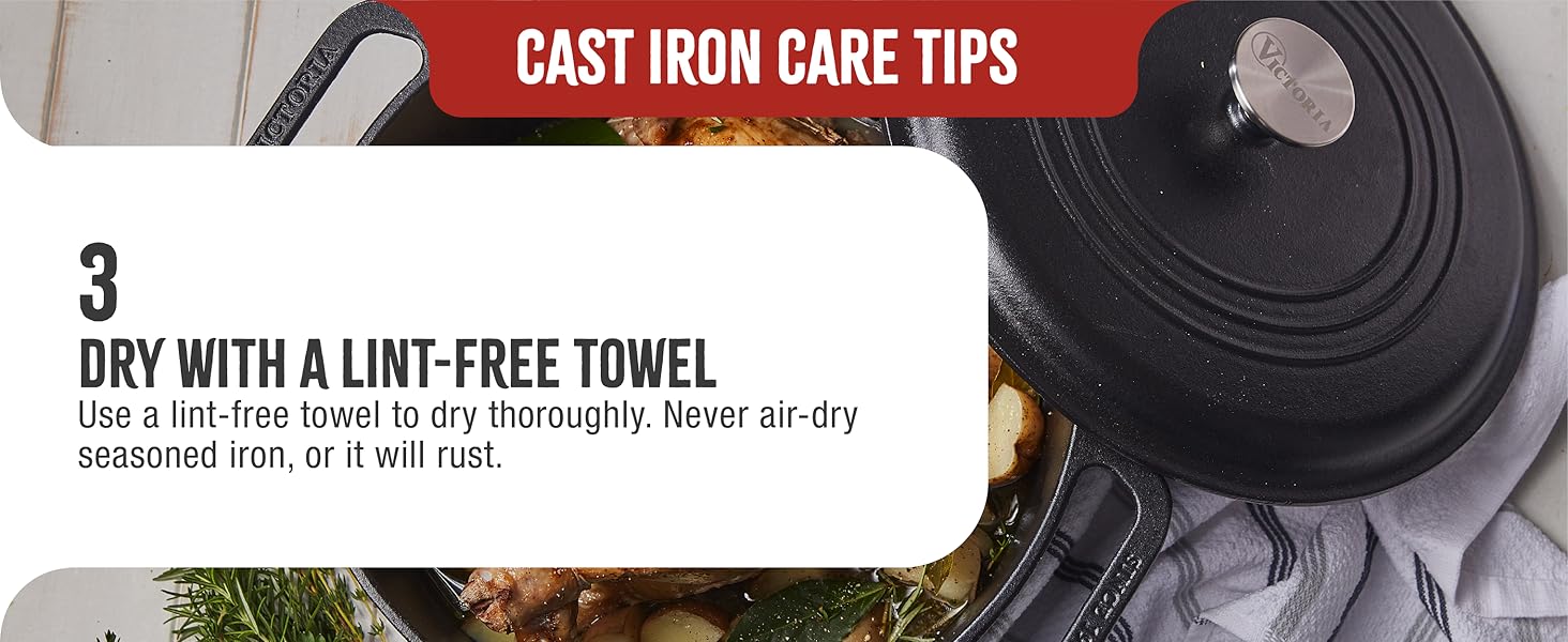 A Dutch oven. Text reads: Dry with a lint-free towel. Never air-dry.