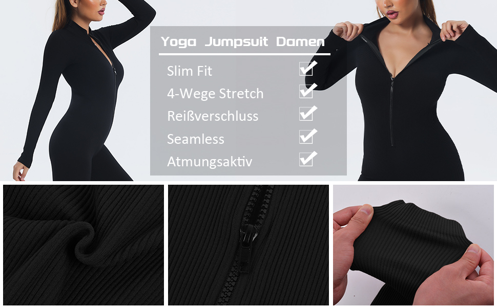 Vertvie Damen Jumpsuit Eng mit Reißverschluss Yoga Overall Body Outfits