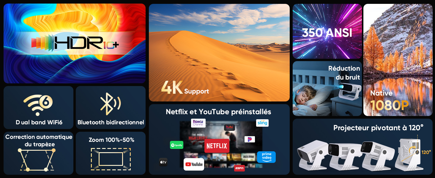 Panneau des fonctionnalités d'affichage affichant plusieurs icônes technologiques, notamment le HDR, la résolution 4K et la compatibilité des services de streaming. Icônes pour diverses plateformes multimédia et technologies de visualisation.