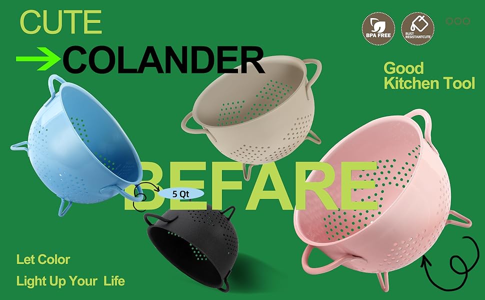 Metal Colander 5 Quart Powder Coated Selfdraining Metal