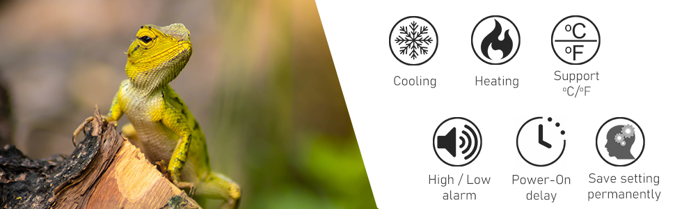 cooling heating, support centigrade and fahrenheit, high low alarm power on delay, memory setting