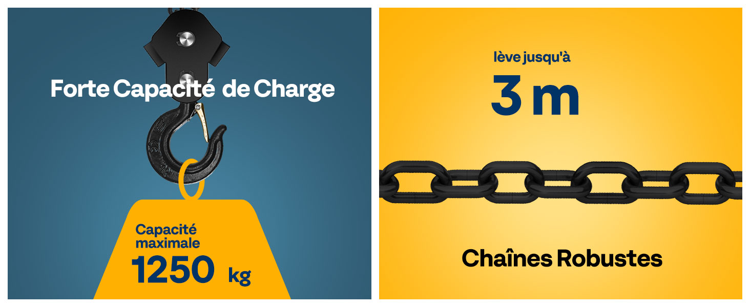 Le texte indique « Forte Capacité de Charge ». Bannière publicitaire du produit montrant ce qui semble être des spécifications techniques.