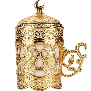 Gold-Toned Coffee Set, Durable Zamac, Porcelain Cups, Ottoman Motifs, Luxurious Coffee Set