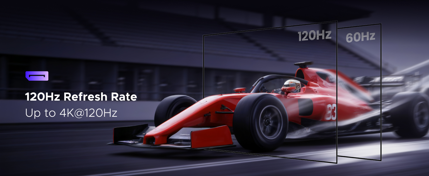 Red Formula 1 race car demonstrating 120Hz refresh rate technology. Image shows car in motion with 120Hz, 60Hz, and motion blur comparisons. Text indicates 4K@120Hz capability.