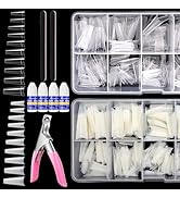 Yokilly 1000PCS Coffin Nail Tips and Glue, Clear Natural False Acrylic Nail Tips, Half Cover 10 S...
