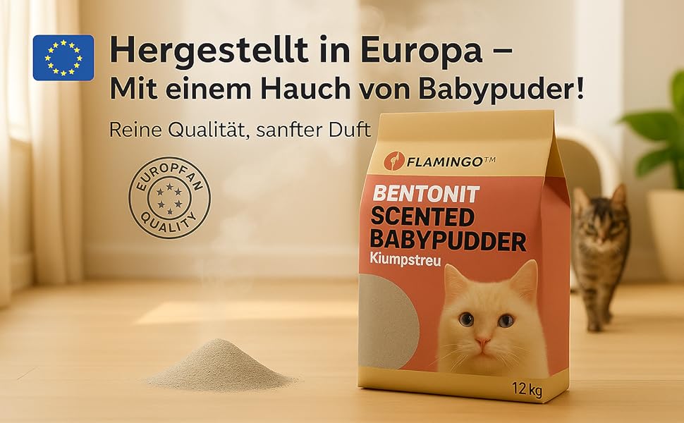 Der Text lautet „Hergestellt in Europa“ und „Mit einem Hauch von Babypuder“. Bei dem Produkt handelt es sich offenbar um Bentonitpulver oder Ton, und auf der Verpackung sind die Zertifizierungssymbole „Natürlich/Bio“ angebracht.