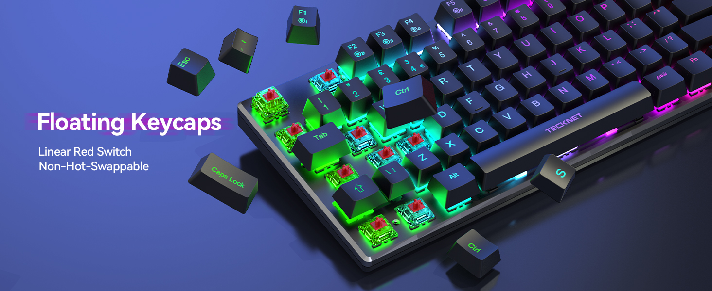Mechanical keyboard with floating keycaps showcasing RGB lighting. Keys are lifted, revealing bright green PCB underneath. Some keycaps hover above, demonstrating the 'floating' design.