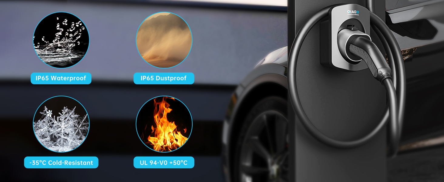 Car charger with coiled cable plugged into vehicle. Four icons show waterproof, dustproof, cold-resistant, and flame-resistant features.