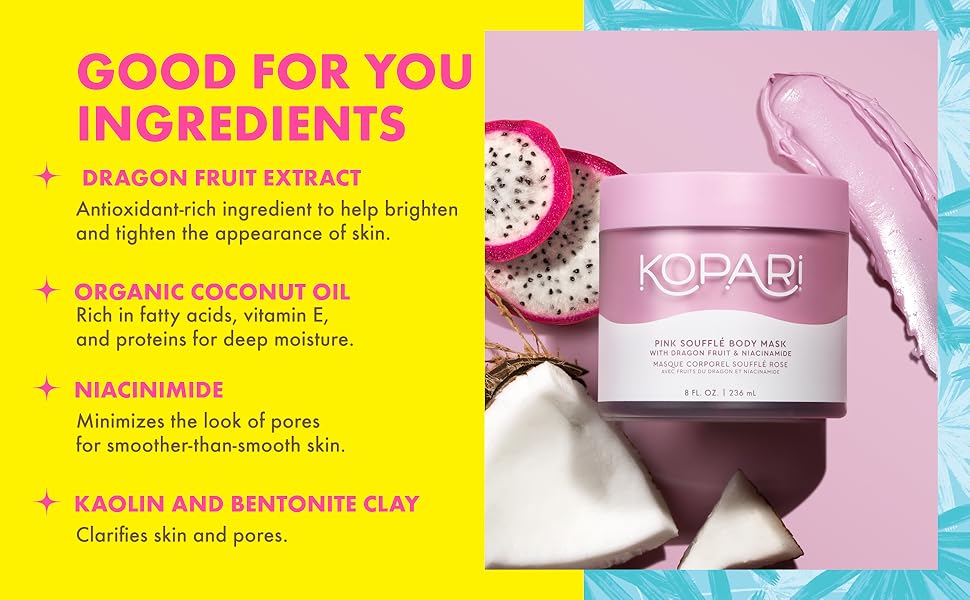body mask, niacinamide, kaolin clay, dragon fruit, coconut oil, moisturizing, hydrating