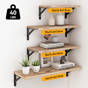 Four wooden floating shelves mounted on black brackets against a white wall, with small decorative plants and items displayed on them.