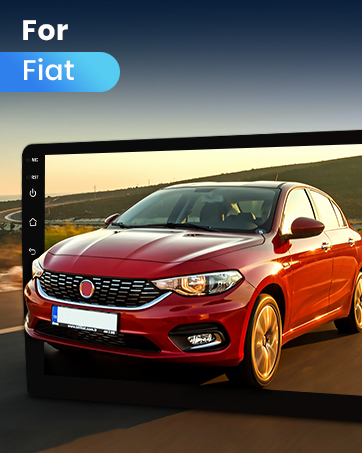 sur la route au coucher du soleil, affichée sur l'écran d'infodivertissement de la voiture. L'écran affiche une superposition de texte « Pour Fiat ».