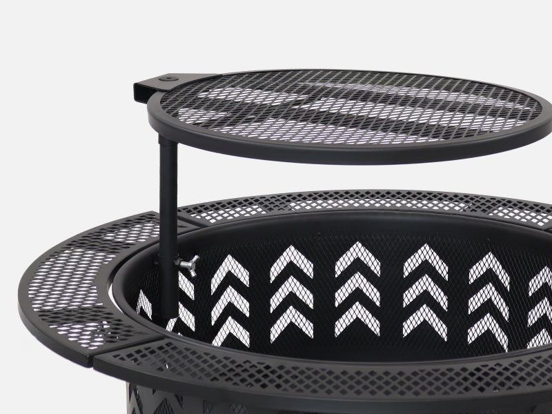 Arrow Motif Black Steel Fire Pit with Grill and Cover 32 inch