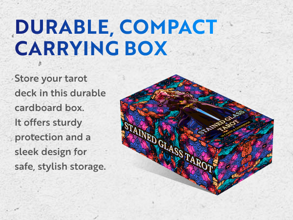 Stained Glass tarot deck in a durable, stylish cardboard box offering sleek and sturdy protection
