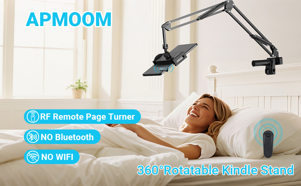 A woman lying on the bed reading a kindle using a page turner