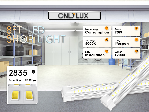 ONLYLUX 8ft LED Shop Light - 90W 12000lm 5000K, 8 Foot LED
