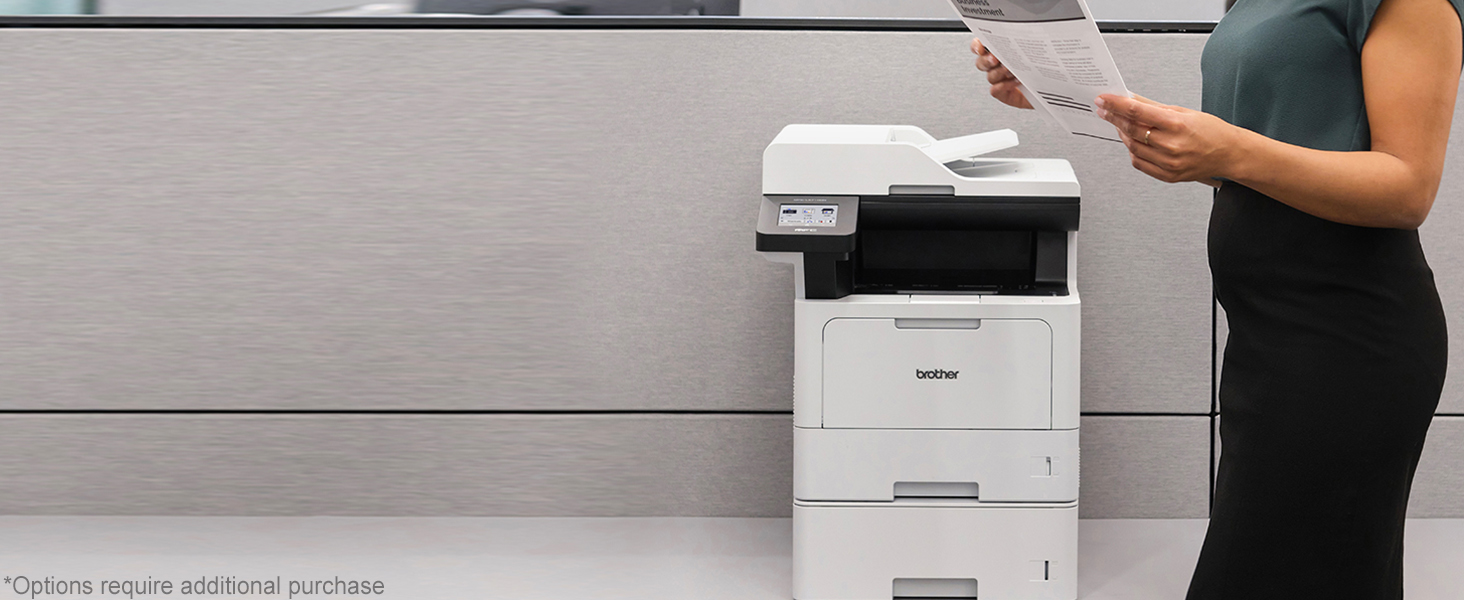 Brother MFCL5710DW business laser all-in-one printer shown with optional lower paper tray installed