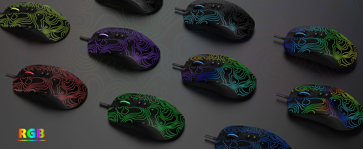 Wired Gaming Mouse,Black RGB Mouse,Computer Mouse Topographic