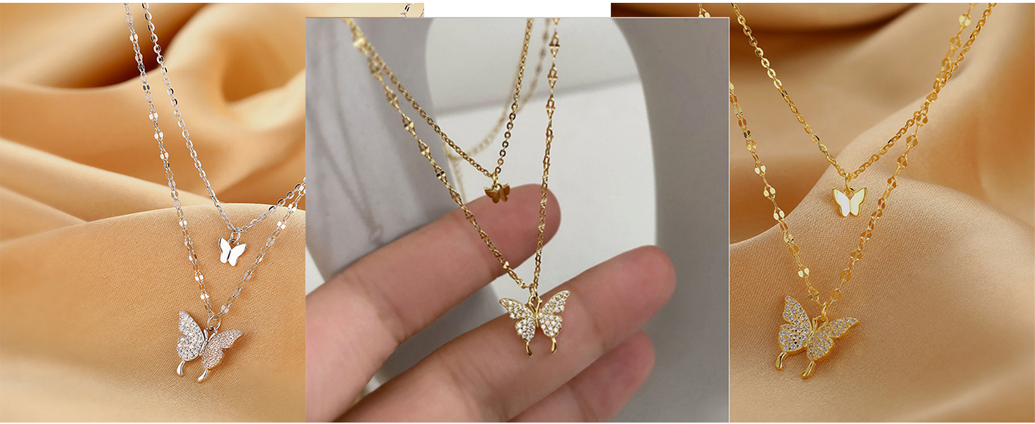 Crystal Butterfly Layered Necklaces for Women Dainty Layering Pendant Necklace Adjustable CZ Animal