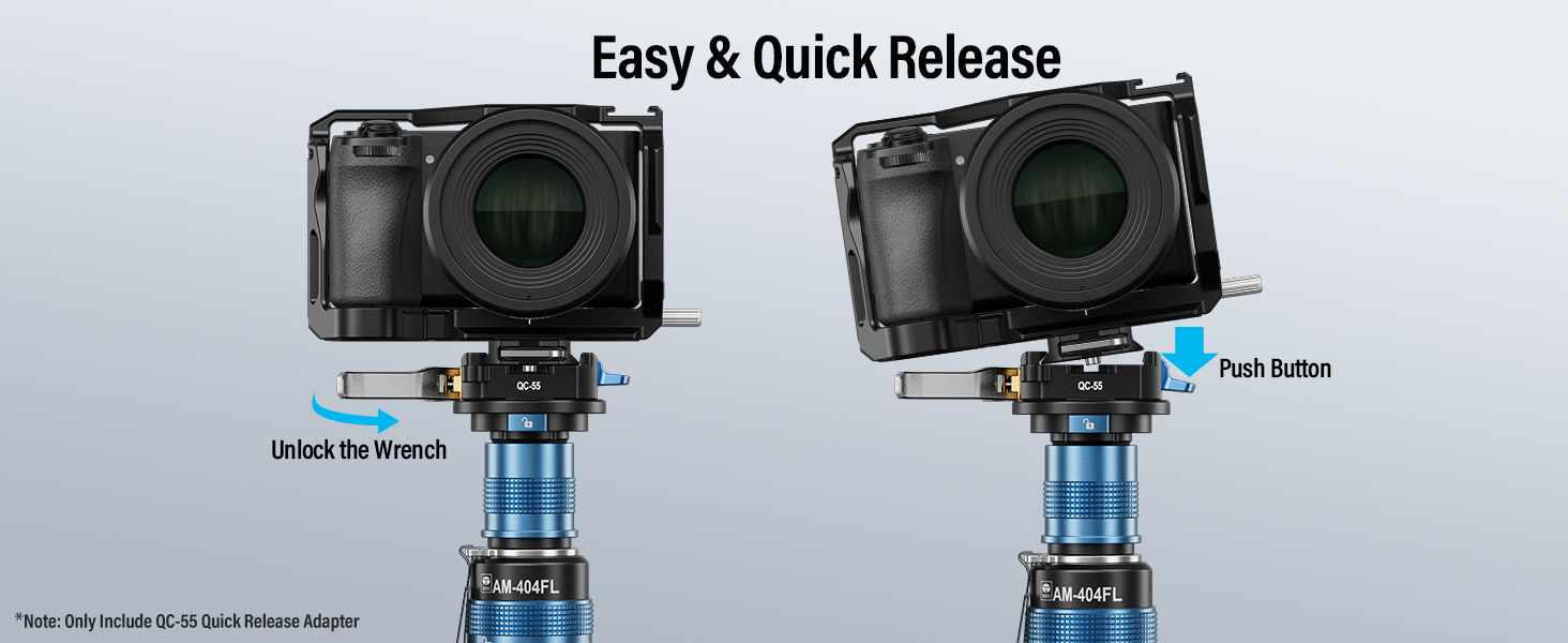 Kamera-Schnellverschlusssystem mit zwei Montagepositionen auf blauen Stativköpfen, mit Druckknopfmechanismus für einfaches Anbringen