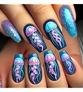 Long Coffin Press on Nails Medium Square Fake Nails with Designs Jellyfish Gel Glue on Fingernail...