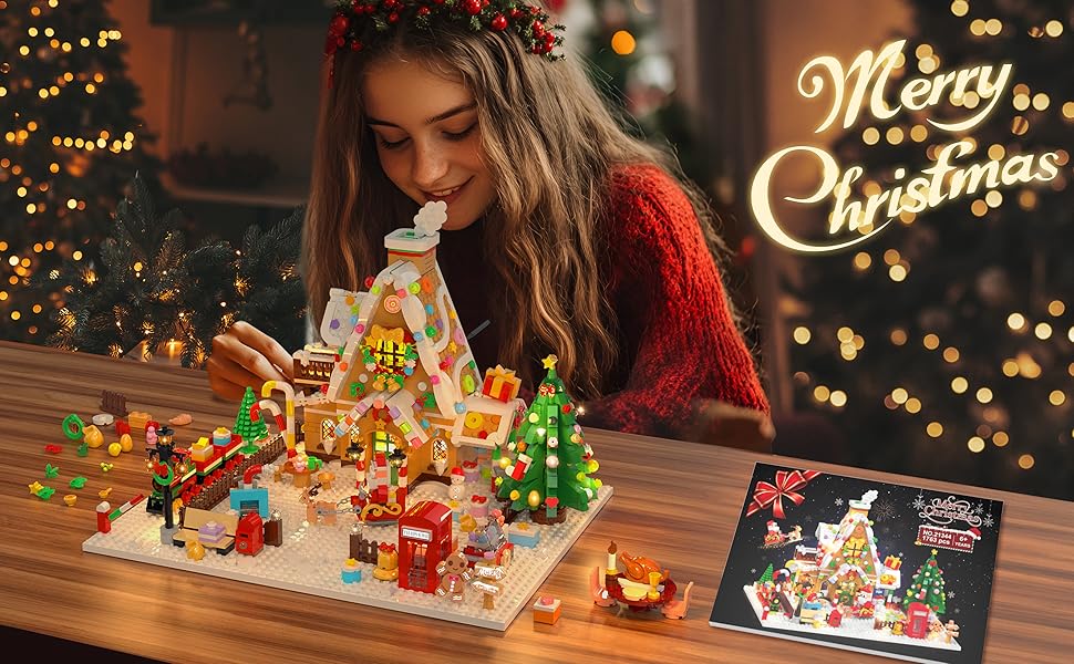 PLAXSOON Christmas Gingerbread House Mini Construction Toy with LED