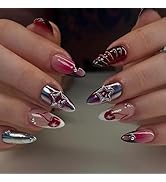 IMRAIN Red Press on Nails Medium Almond, Gradient French Nail Tips, Full Cover Metal Silver Chrom...