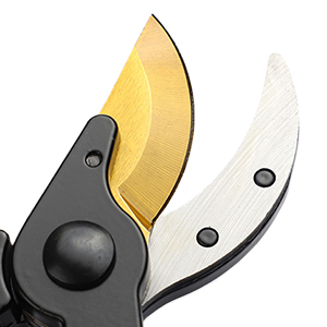 Close-up of pruning shears with yellow and silver blades. Black ergonomic handle visible.